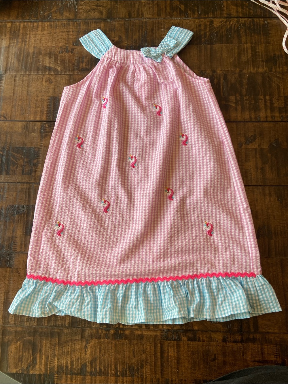 Emily Rose pink and White Gingham Girls Dress Embroidered Unicorns girls size 6